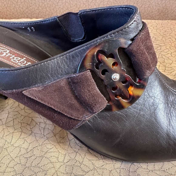 Brighton Rococo Brown Leather and Suede Mules With Tortoise Shell Trim - Picture 4 of 11